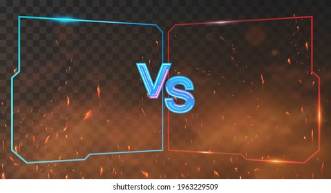 Red and blue Versus Battle banner with neon frames, smoke and sparks. VS background for competition, match game, sport, fights. VS neon letters on red and blue background. Vector Illustration Versus