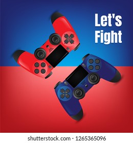 red and blue video game controller on blue and red background, let's fight concept, Vector Illustration.
