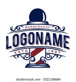 Red and blue Vintage retro classic barbershop logo vector, hipster salon logo with pole badge icon logo