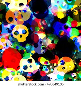 Red, blue, violet, white, yellow, black, green. Seamless vector background of stylized skulls and stains. Transparent, randomly mixed. Decorative pattern for Halloween, fabrics, printing, book covers