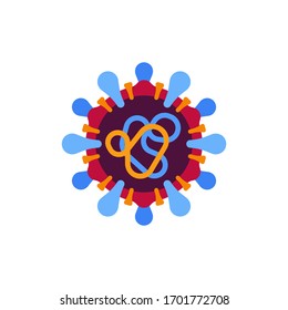 Icono plano de virus rojo y azul. Dibujo vectorial de la estructura del coronavirus novedoso SARS-CoV-2