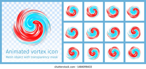 Red and blue vortex animated symbol. Hurricane, tornado, typhoon, swirl clouds, twister on light transparent background, top view. Danger cyclone vector illustration, icon, logo, web infographic