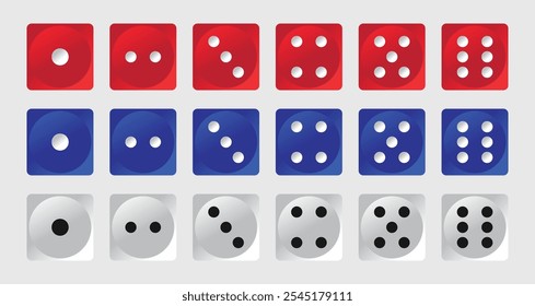 Red blue and white 3d gradient dice collection, for casino and cube games