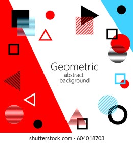 red blue white abstract geometric vector background, geometric elements, triangle, square, circle, rhombus, postcard