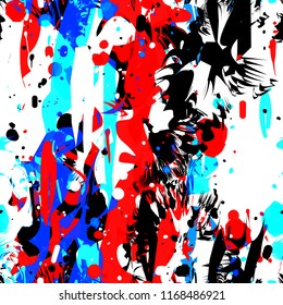 Red, blue, white, black splatter seamless texture. Abstract vector background for web page, banners backdrop, fabric, home decor, wrapping