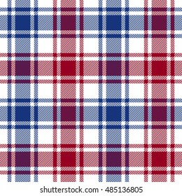 Red blue white check plaid texture seamless pattern. Vector illustration.