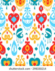 Red blue and white colorful ikat asian traditional fabric seamless pattern, vector