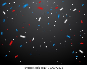 Red And Blue White Confetti And  Falling isolated On Black Background. Celebration Event & Birthday. American, Russia, France flag color concept. Vector