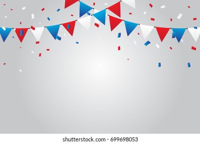 Red And Blue White Confetti Falling On Background. Celebration Event & Birthday. American flag color concept. Vector