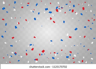 Red And Blue White Confetti Isolated On Background. Celebration Event & Birthday. American, Chile, Russia, France, United kingdom flags color concept. Sport Congratulations Decoration Backdrop. Vector