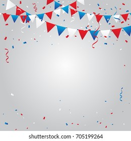 Red And Blue White Confetti And Ribbon Falling On Background. Celebration Event & Birthday. American or chile flag color concept. Vector