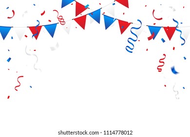 Red And Blue White Confetti And Ribbons Isolated On Background. Celebration Event & Birthday. American, Chile, Russia, France, United kingdom flags color concept. Vector