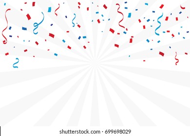 Red And Blue White Confetti And Ribbons Falling On Sunburst Background. Celebration Event & Birthday. American flag color concept. Vector