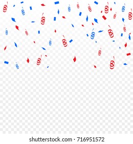 Red And Blue White Confetti And Ribbons Falling On Background. Celebration Event & Birthday. American Or Chile flag color concept. Vector 
