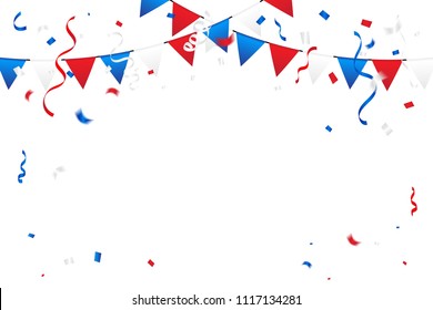 Red And Blue White Confetti And Streamer Ribbon Isolated On Background. Celebration Event & Birthday. American, Chile, Russia, France, United kingdom flags color concept. Vector