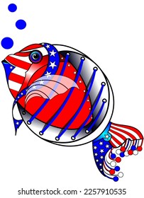 red, blue and white cute fish, bright and vibrant USA flag colors, surreal illustrations. Decorative art, vector illustration. I love freshwater and saltwater fish! Long live fishing, rivers and ocean