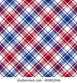 Red blue white diagonal check texture seamless pattern. Vector illustration.