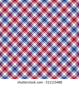 Red blue white diagonal check fabric texture seamless pattern. Vector illustration.