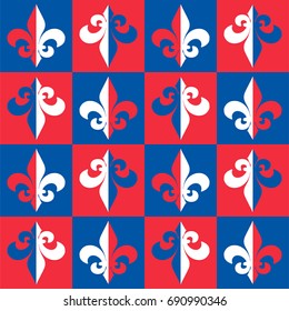 Red, Blue and White The Fleur de Lis or Flower de Luce seamless pattern. Background with royal French lily is great for perfume packaging, wallpaper, luxury restaurant menu cover.