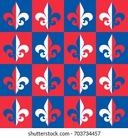 Red, Blue and White The Fleur de Lis or Flower de Luce seamless pattern. Background with royal French lily is great for perfume packaging, wallpaper, luxury restaurant menu cover.