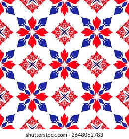 
Red Blue White Geometric Seamless Pattern Vector - American Patriotic Star Quilt Design with Traditional Folk Art Motifs for Independence Day Textile Print, Americana Decor