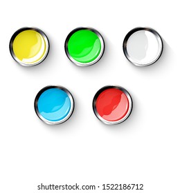 Red, blue, white, green, yellow shiny buttons with metallic elements, vector design for website.