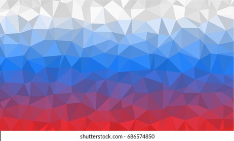 Red Blue White Low Poly Vector Texture. Flag of Russia - Tricolor. Polygonal Horizontal Stripes with Gradient. Crystal Like Faceted Geometric Background. Gemstone Imitation Texture.