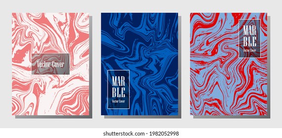 Red blue white marble prints, vector cover design templates. Fluid marble stone texture fashion magazine backgrounds. Corporate journal patterns set of liquid paint waves. Splash effect prints.