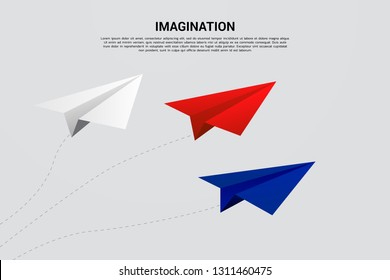red blue and white origami paper airplane flying. concept of idea and imagination