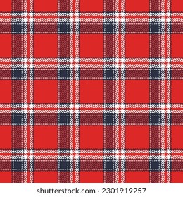 Red, blue, white plaid seamless pattern for textile fabric, clothing design. Vector illustration.