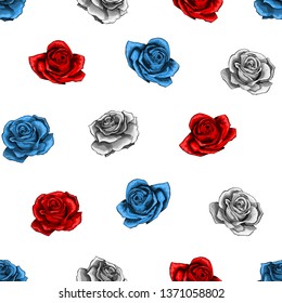 Red, blue, white rose flowers elements seamless pattern on white background. Happy mother day, womens day, girls birthday, Valentines day. Gift box paper, textile, linen, dress vector print design