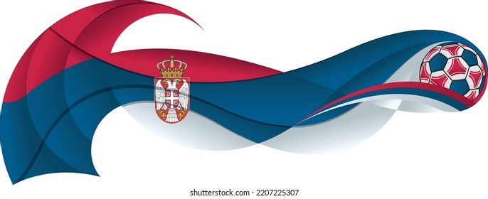 Red blue and white soccer ball leaving an abstract trail in the form of a wavy with the colors of the Serbian flag on a white background. Vector image