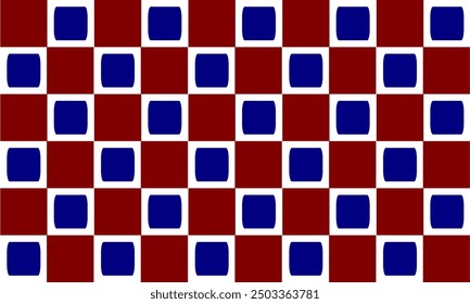 Red, blue and white squares, red border of Blue round Square block arrange in square cross grid checkerboard seamless Pattern design for fabric printing, vintage patter