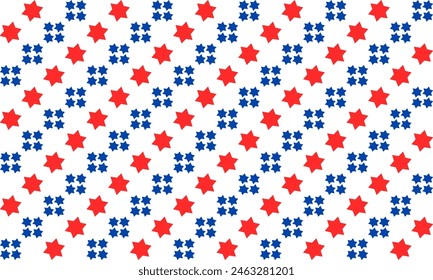 Red and blue and white squares, seamless pattern with blue repeat stars, replete image in checkerboard template design for fabric printing