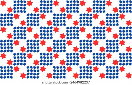 Red and blue and white squares, seamless pattern with blue repeat stars, replete image in checkerboard template design for fabric printing