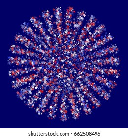 Red, blue and white stars circle, July 4 fireworks symbol. USA Independence Day background with salute image. Decorative round holiday pattern, banner, card or poster backdrop.