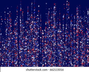 Red, blue and white stars falling vector background. Overlapping stardust confetti arranged in vertical lines. 4th of July Independence Day pattern.