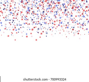 Rote, blaue und weiße Sterne, die vom Himmel fallen, nationale Flaggenfarben der USA. Vektorgrafik auf weißem Hintergrund für den Patriot-Tag (Gedenktag, Arbeit, Unabhängigkeit, Verfassungstag).