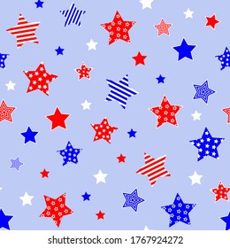 Red blue white stars on light blue background. Independence day 4th July colors. Seamless pattern. Vector illustration