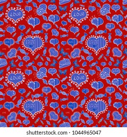 Red, blue and white textured smears heart shapes vector objects isolated with red, blue and white elements on background.