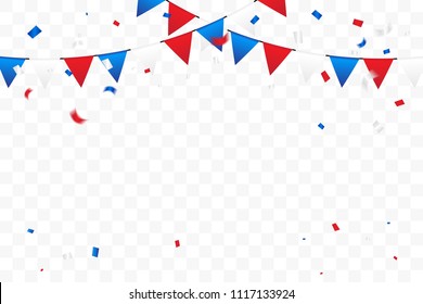 Red And Blue White Tiny Confetti Isolated On Transparent Background. Celebration Event & Birthday. American, Chile, Russia, France, United kingdom flags color concept. Vector