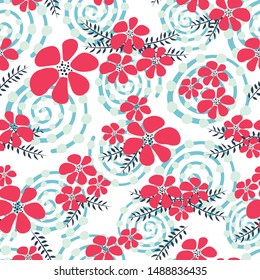 Red and blue winter flowers seamless vector background. Floral vector repeat tile Scandinavian style. Use for gift wrap, fabric, wallpaper, banners, home decor