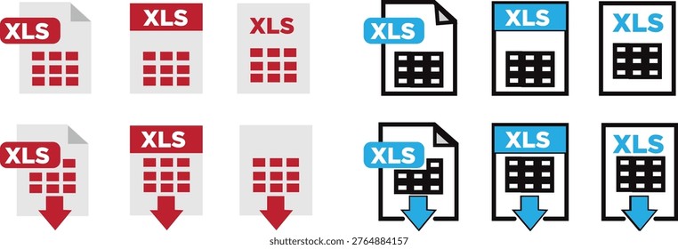 Red and Blue XLS Excel file document icon set, Vector spreadsheet symbols with download arrows for data management interface, professional office icons.