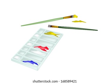 Red, Blue and Yellow Color Paint in Rectangle Art Palette With A Craft Paintbrushes or Artist Brushes for Draw and Paint A Picture. 
