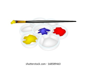 Red, Blue and Yellow Color Paint in Plastic Art Palette With A Craft Paintbrushes or Artist Brushes for Draw and Paint A Picture Isolated on White Background 
