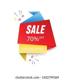 Red blue yellow colored folded ribbons with 70% discount. Sale banner template design. Big sale special offer. Special offer banner for poster, flyer, brochure, sticker. Ribbons Vector illustration.