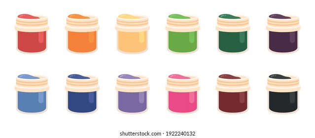 Red, Blue and Yellow Colored Paint Cans. Jars of gouache. Paint. Gouache. Jar. Dye. Acrylic. Flat style vector illustration isolated on white background.