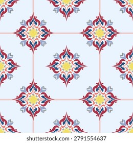 Red, blue, and yellow damask element design seamless pattern. Vector illustration. Ideas for wallpapers, tiles, ceramic pottery, textiles, and wrapping papers.