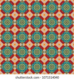 Red, blue and yellow diagonal tiles. Vector stock illustration in a modern flat style. Creative seamless pattern, modern diagonal abstract background with geometric elements.