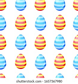 red and blue with yellow easter eggs seamless pattern on white background. For happy easter design. Eggs with line pattern